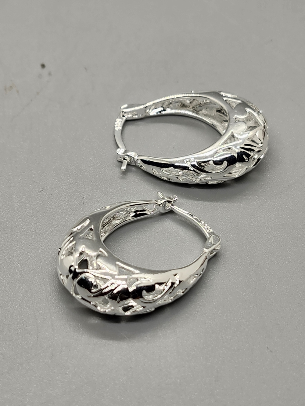 Sterling Silver Carved Hoop Earrings - Picture 7 of 12